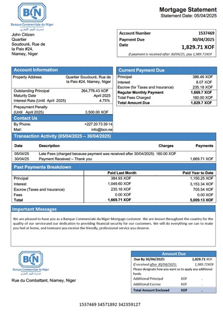 Download Niger Banque Commerciale du Niger (BCN) mortgage statement Word and PDF template Photoshop template